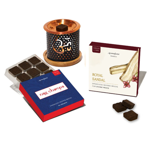 Nag Champa & Royal Sandal smokeless incense bricks & Burner Set