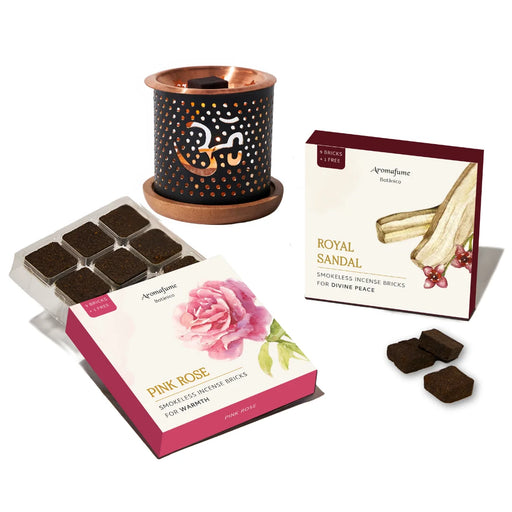 Royal Sandal & Pink Rose smokeless incense bricks & Burner Set