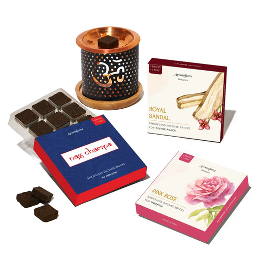 Temple Flowers Combo - Nag Champa, Pink Rose & Royal Sandal Smokeless Incense & Om Incense Burner Set