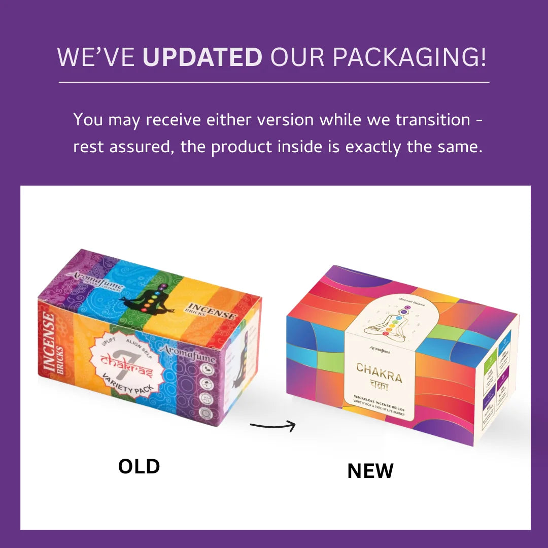 Root (Muladhara), Sacral (Svadhisthana), Solar Plexus (Manipura), Heart (Anahata), Throat (Vishuddha), Third Eye (Ajna), and Crown (Sahasrara) chakras – updated packaging design