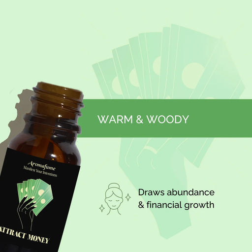 Attract Money Manifestation Oil with a warm, woody fragrance. Creates a grounding and prosperous atmosphere.