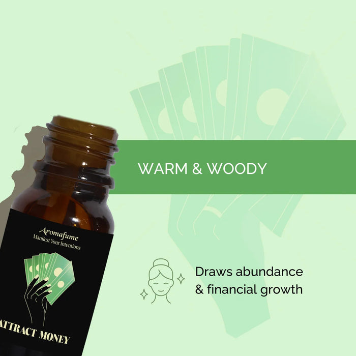 Attract Money Manifestation Oil with a warm, woody fragrance. Creates a grounding and prosperous atmosphere.