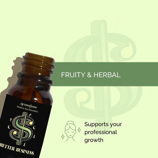 Better Business Manifestation Oil with a herbal and fruity fragrance. Creates a focused and uplifting atmosphere.