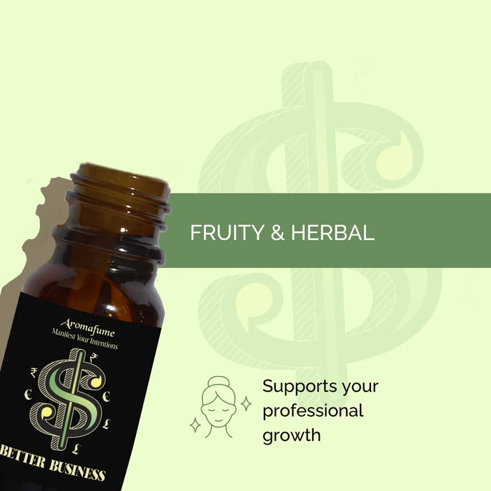 Better Business Manifestation Oil with a herbal and fruity fragrance. Creates a focused and uplifting atmosphere.