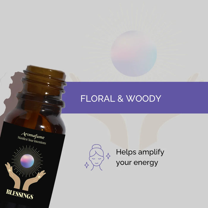 Blessings Manifestation Oil with a floral and woody fragrance. Perfect for creating a warm, uplifting atmosphere.