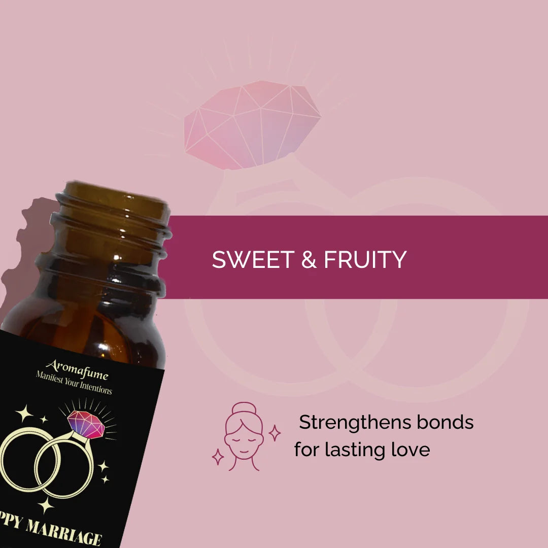 Happy Marriage Manifestation Oil with a sweet and fruity fragrance. Creates a warm and inviting atmosphere.