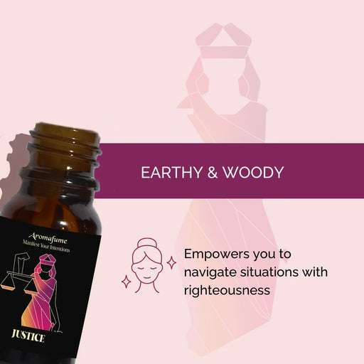 Justice Manifestation Oil with an earthy, woody fragrance. Creates a grounding and balanced atmosphere.