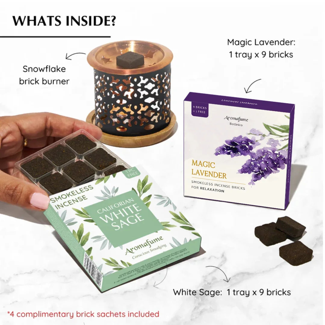 What's Inside -

Magic Lavender Incense Bricks - 1 tray x 9 bricks each
White Sage Incense Bricks - 1 tray x 9 bricks
Snowflake - Incense Brick Burner&nbsp;
4 complimentary trial brick sachets