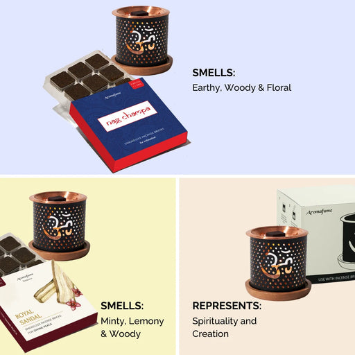 Nag Champa Smokeless Incense are a rich and enchanting blend of Floral, yet Woody notes.

Royal Sandal Smokeless Incense has a woody and grounding scent.