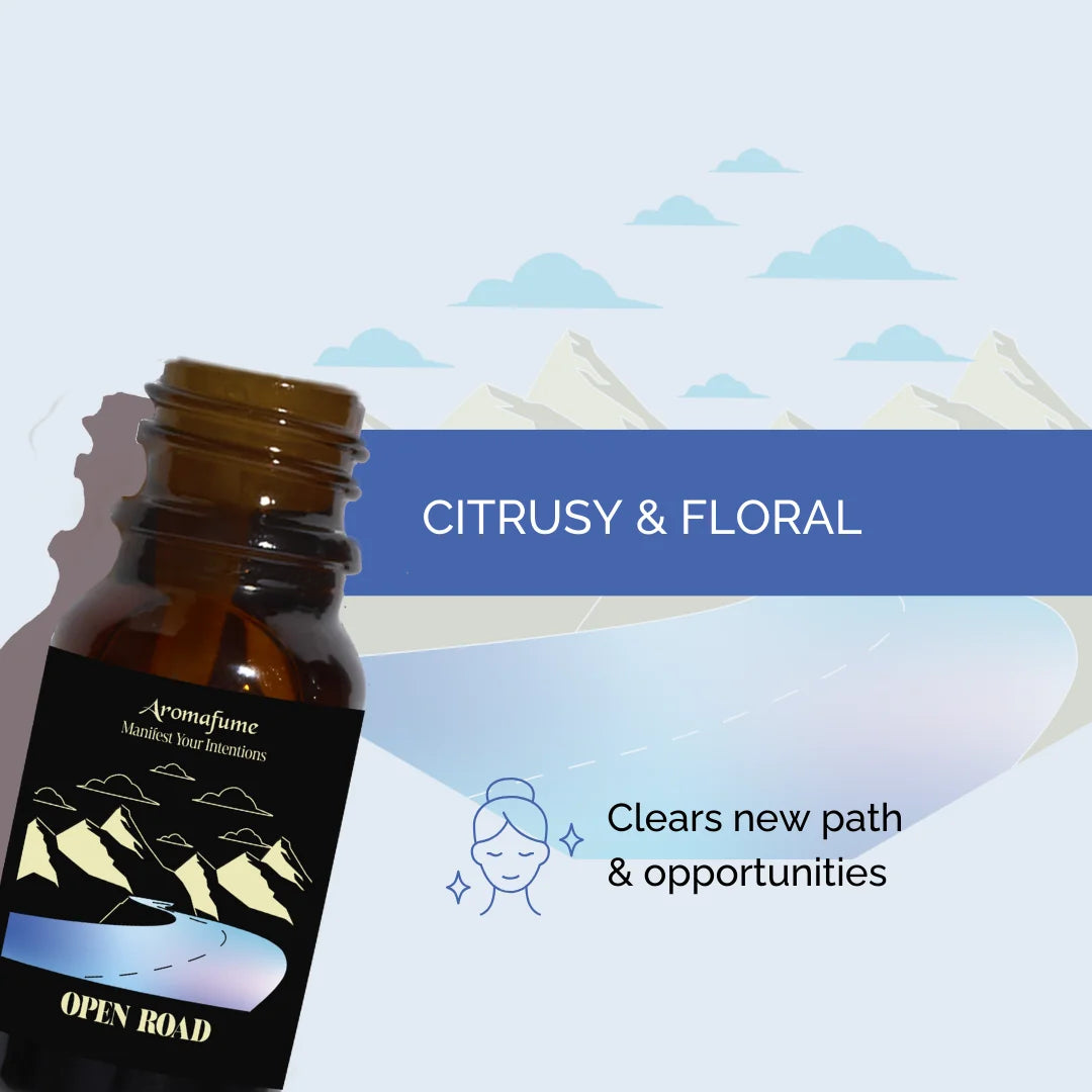 Open Road Manifestation Oil with a citrusy and floral fragrance. Creates an uplifting and refreshing atmosphere.