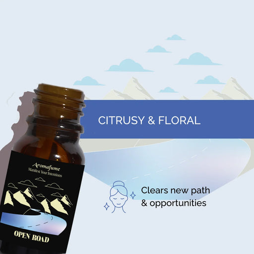 Open Road Manifestation Oil with a citrusy and floral fragrance. Creates an uplifting and refreshing atmosphere.