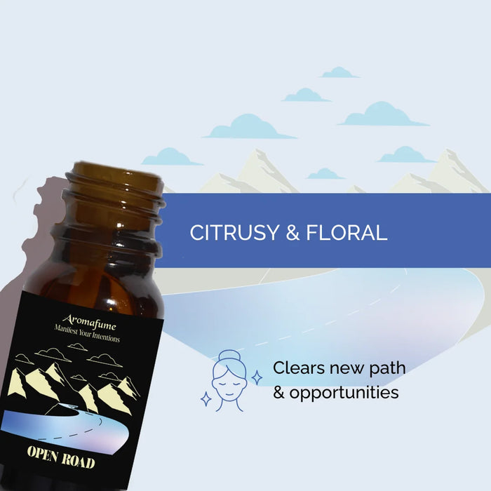 Open Road Manifestation Oil with a citrusy and floral fragrance. Creates an uplifting and refreshing atmosphere.