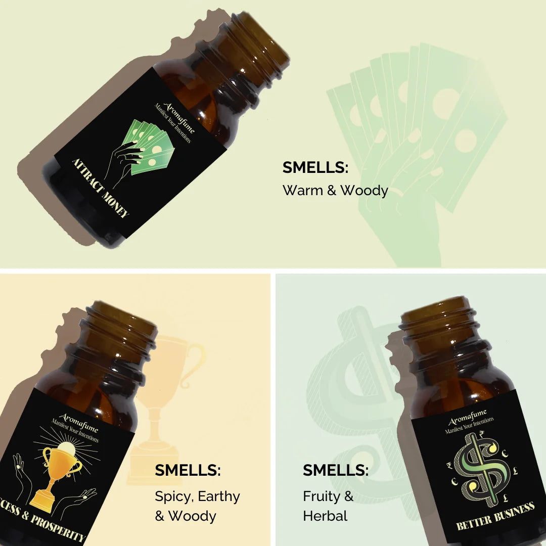 Warm, woody, spicy, earthy, fruity, and herbal scent profiles of Professional Success Oils – for wealth & success.