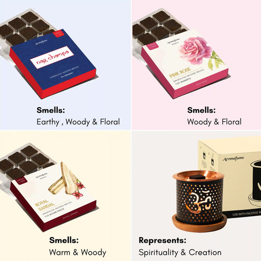 Scent Profile:

Nag Champa - Smells earthy, woody and floral
Pink Rose - Smells Woody and floral
Royal Sandal - Smells Warm and woody
Om Burner represents spirituality & creation.