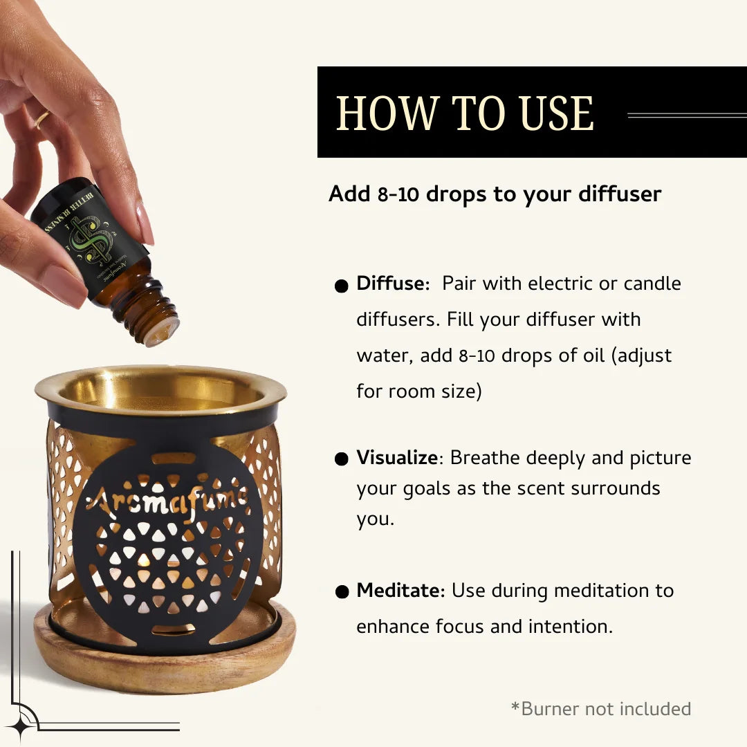 Add a few drops of Blessings Manifestation Oil to water in a diffuser. Let the aroma enhance meditation and relaxation.