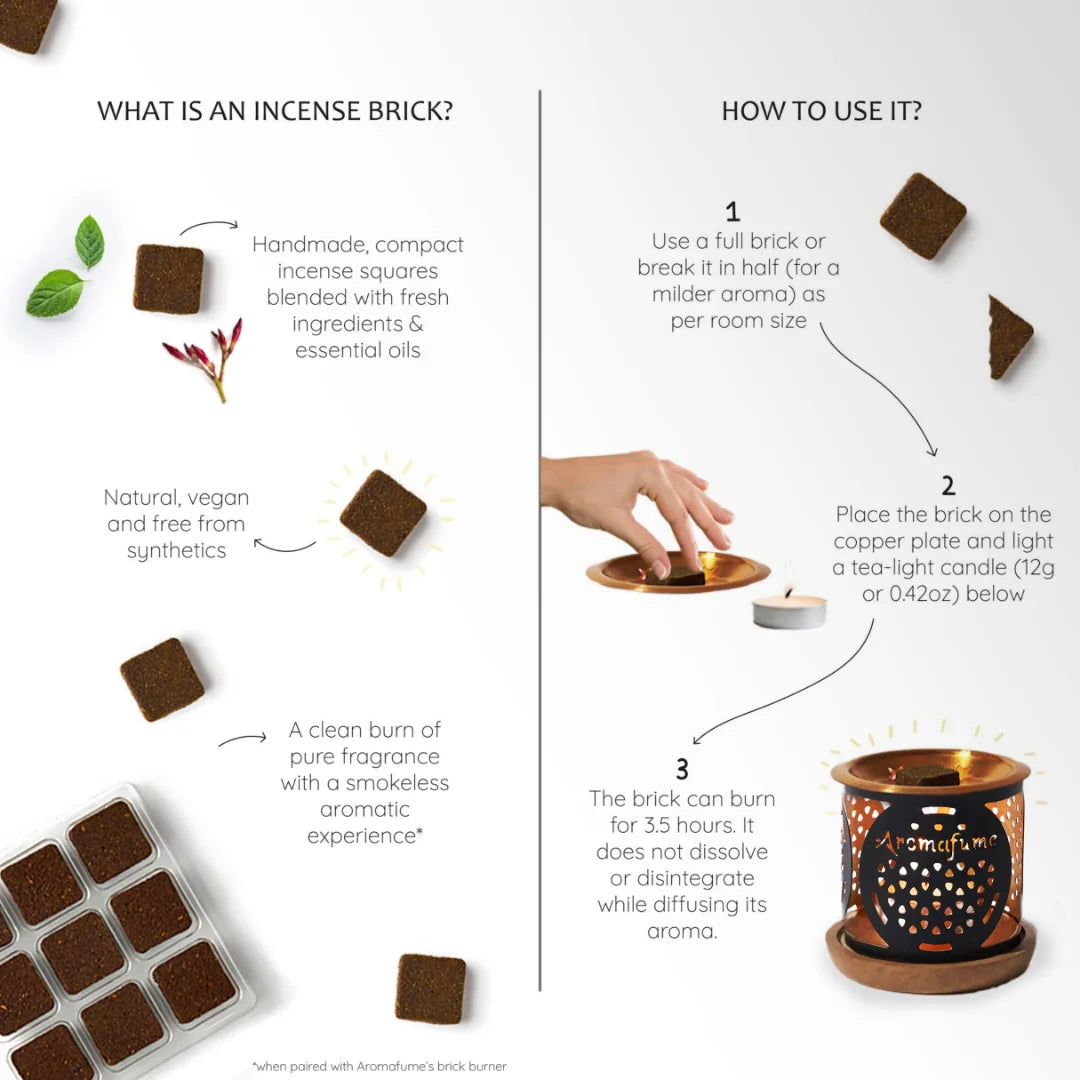 How to use?
- Place incense brick on copper plate
- Put T-Light candle in the burner
- Breathe in aroma and relax