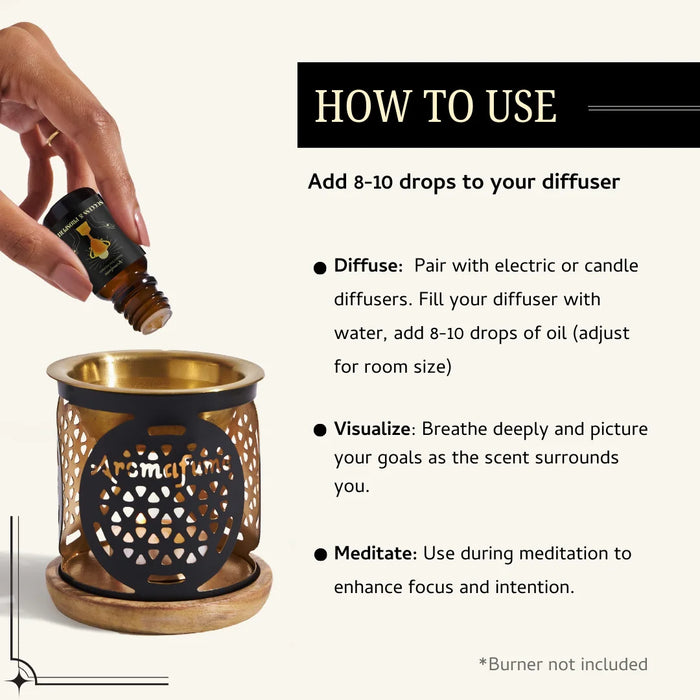 Add a few drops to water in a diffuser. Let the aroma fill your space as you visualize success.