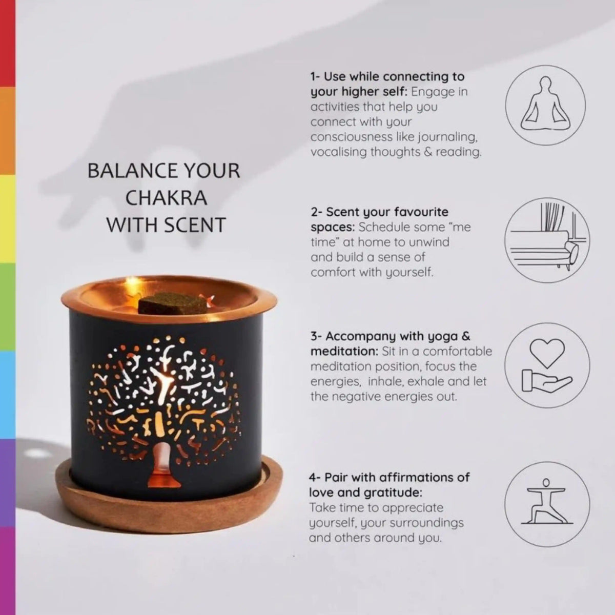 Balance your Chakras with meditation, yoga, affirmations and scent your space for balance