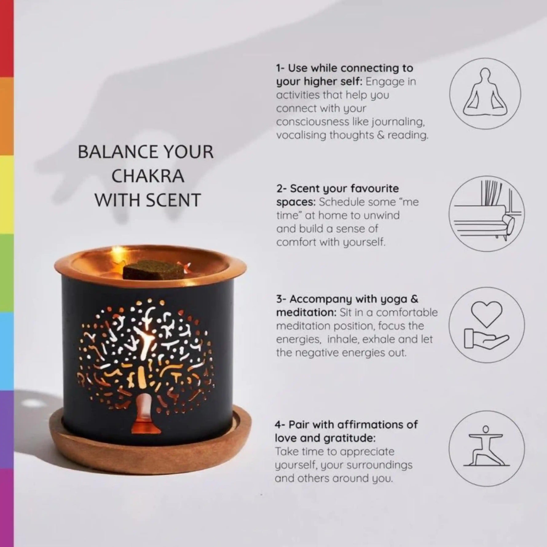 Balance your Chakras with meditation, yoga, affirmations and scent your space for balance