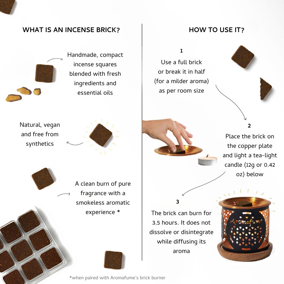 How to use?
- Place incense brick on copper plate
- Put T-Light candle in the burner
- Breathe in aroma and relax