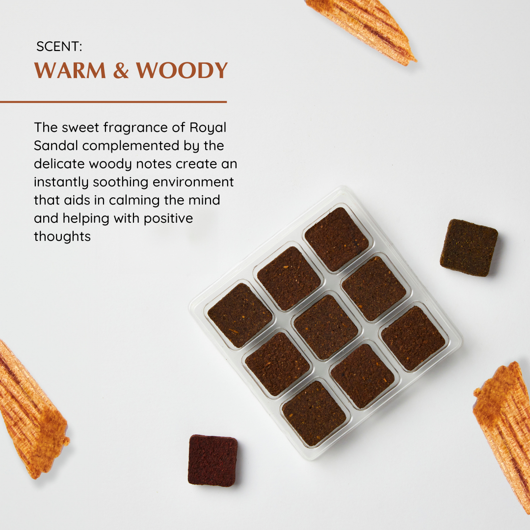 Smells warm and woody - creates a soothing environment that aids in calming the mind and helping with positive thoughts