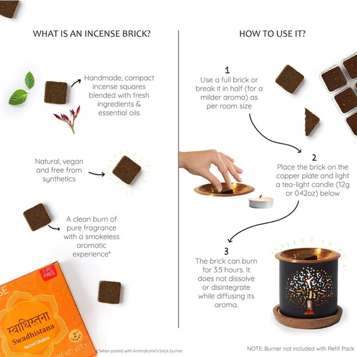 How to use - Place smokeless, charcoal-free, vegan and all natural incense on burner and light.