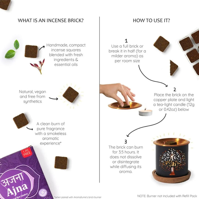 How to use - Place charcoal-free, vegan, all natural, and smokeless incense on burner and light.