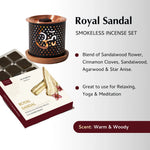 Royal Sandal: Blend of Sandalwood flower, Cinnamon Cloves, Sandalwood, Agarwood & Star Anise.

Use for relaxing, yoga & meditation.