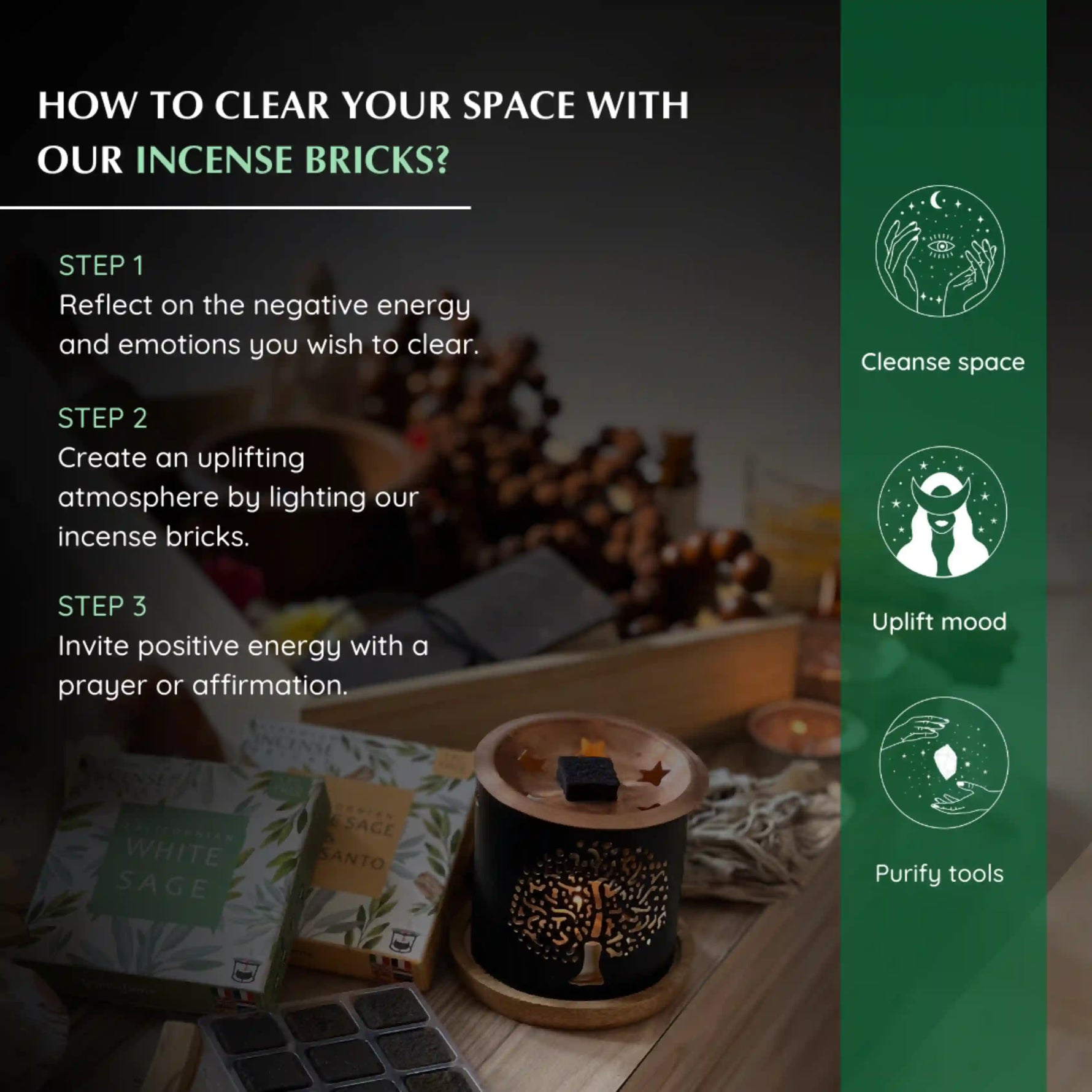 Clear your space and uplift mood with White Sage smokeless incense - Invite positive energy with a prayer or affirmation