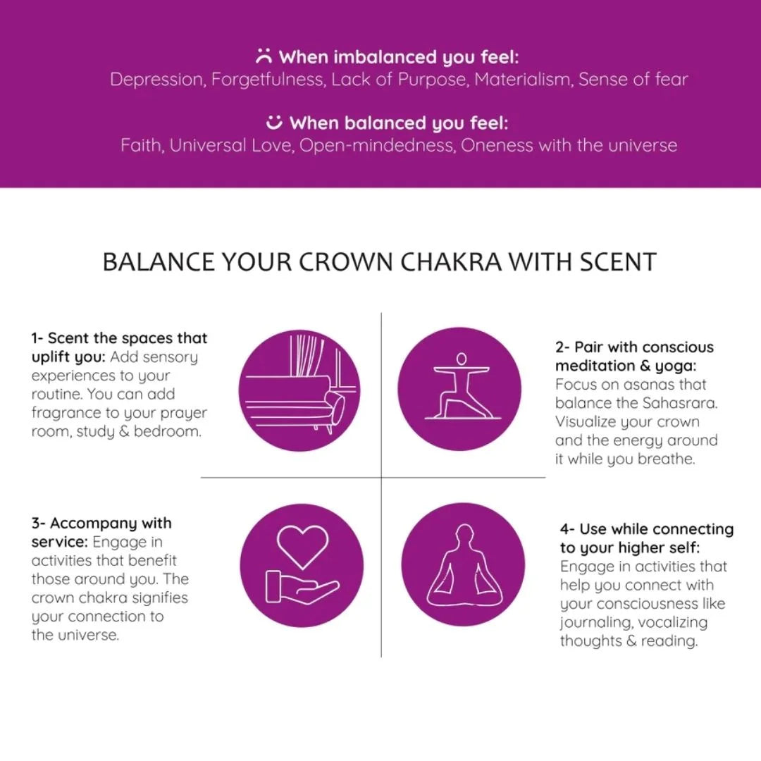 Balance your Crown Chakra with scent by pairing it with meditation, yoga, by engaging in activities that benefit those around you and connect you with your higher self.