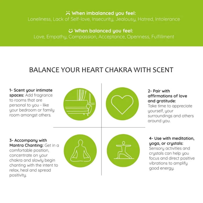 Balance your heart chakra with scent by pairing it with affirmations of love and gratitude. mantra chanting, meditation, yoga or crystals.