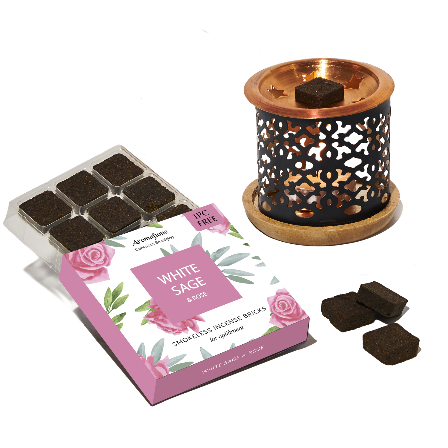 White Sage & Rose Incense Bricks & Burner Set