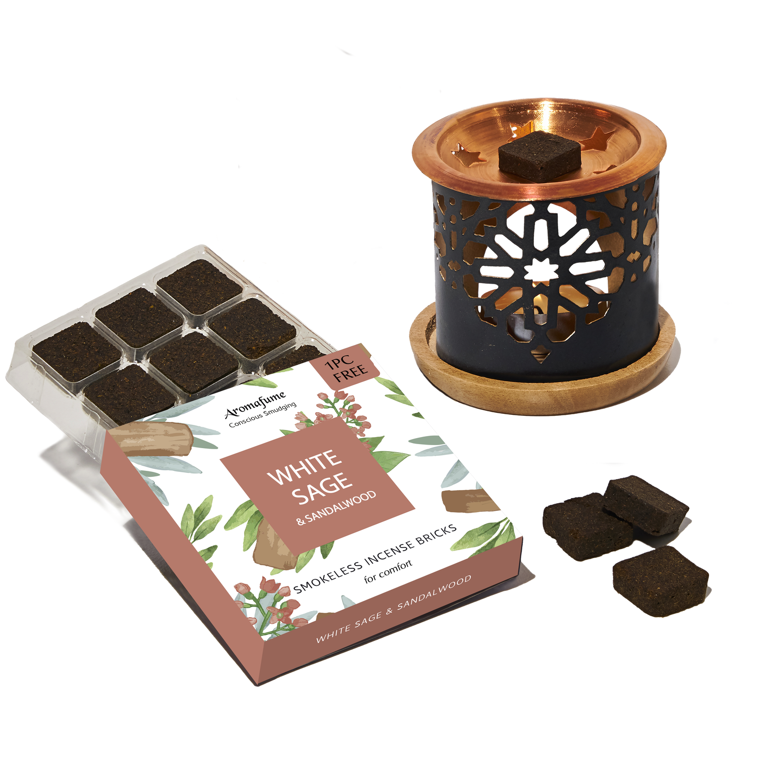 White Sage & Sandalwood Incense Bricks & Burner Set