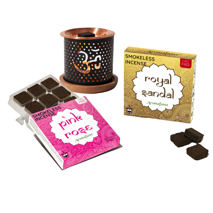 Royal Sandal & Pink Rose Smokeless Incense & Om Burner Combo